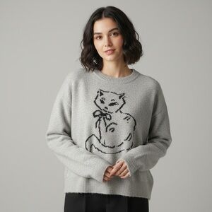 Anthropologie Threaded Leaf Wool Blend Knit Cat Novelty graphic sweater Grey L